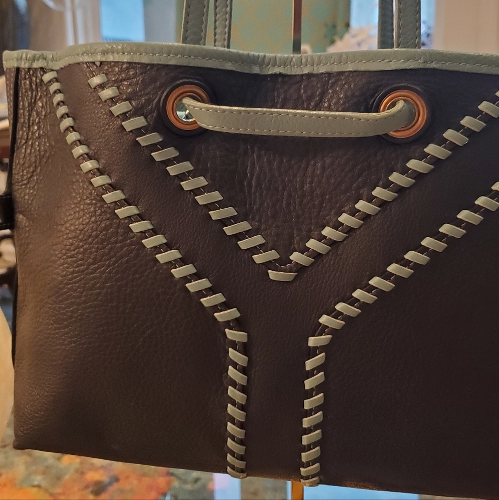 Yves Saint Laurent Blue Structured Tote with Studded Detail